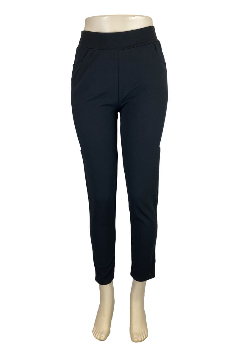 Double Striped Leggings with Front Round Pockets - Black