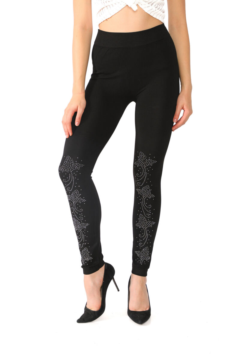 High Waist Black Jeggings Embellished with Glitter Leaf Blown In The Wind