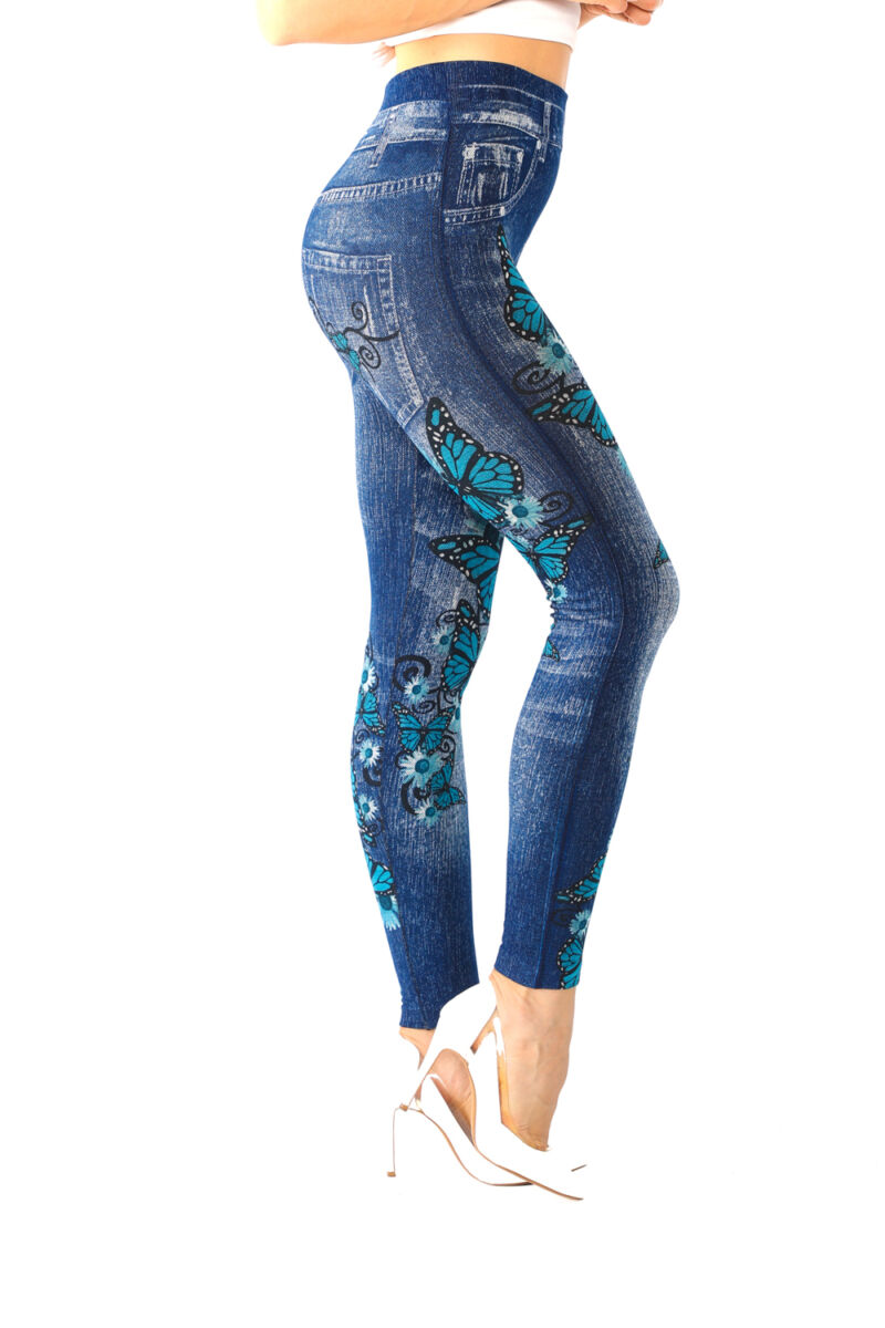 Plus High Waist Blue Butterfly And Floral Print Jeggings