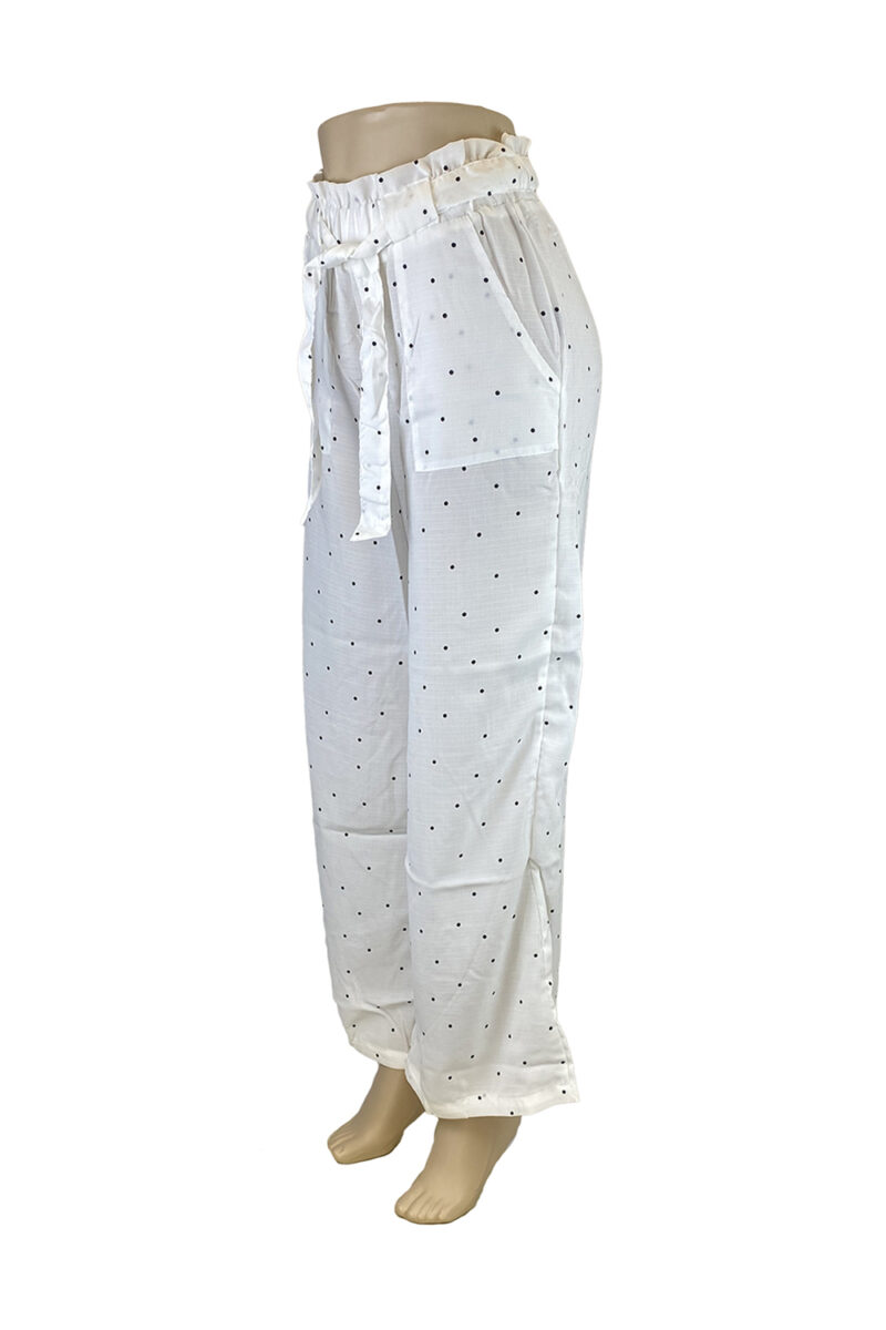 Ladies Paper Bag Linen Palazzo Pants – White Polka Dot - Entire Sale