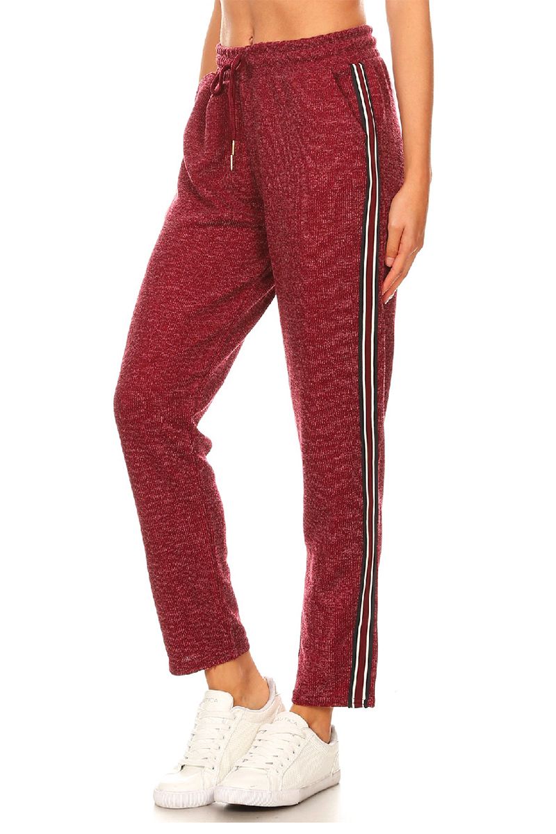 Stylish Knit Joggers With Side Stripes and Drawstrings - Burgundy