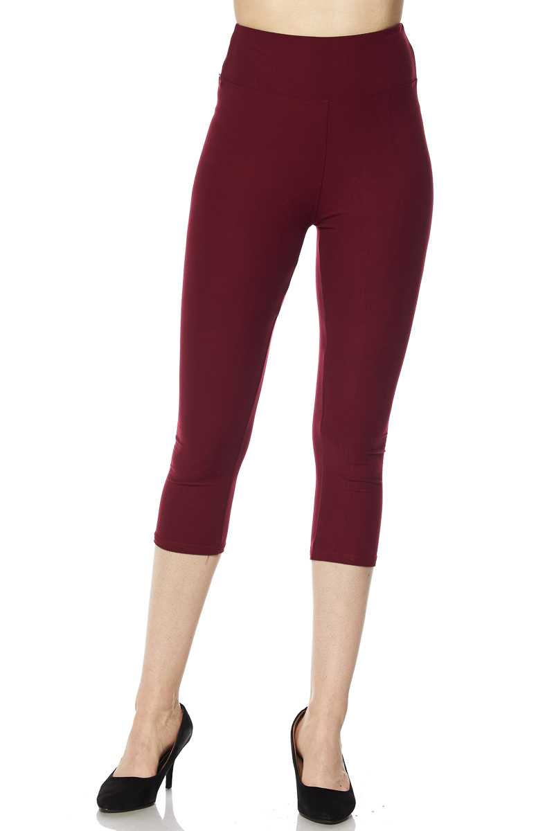 Solid Brushed Capri Leggings with 3 Inch Waistband - Burgundy
