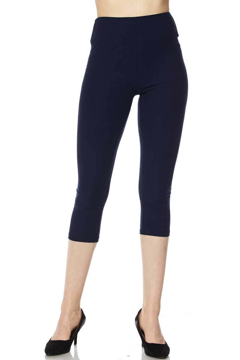 Solid Brushed Capri Leggings with 3 Inch Waistband - Navy