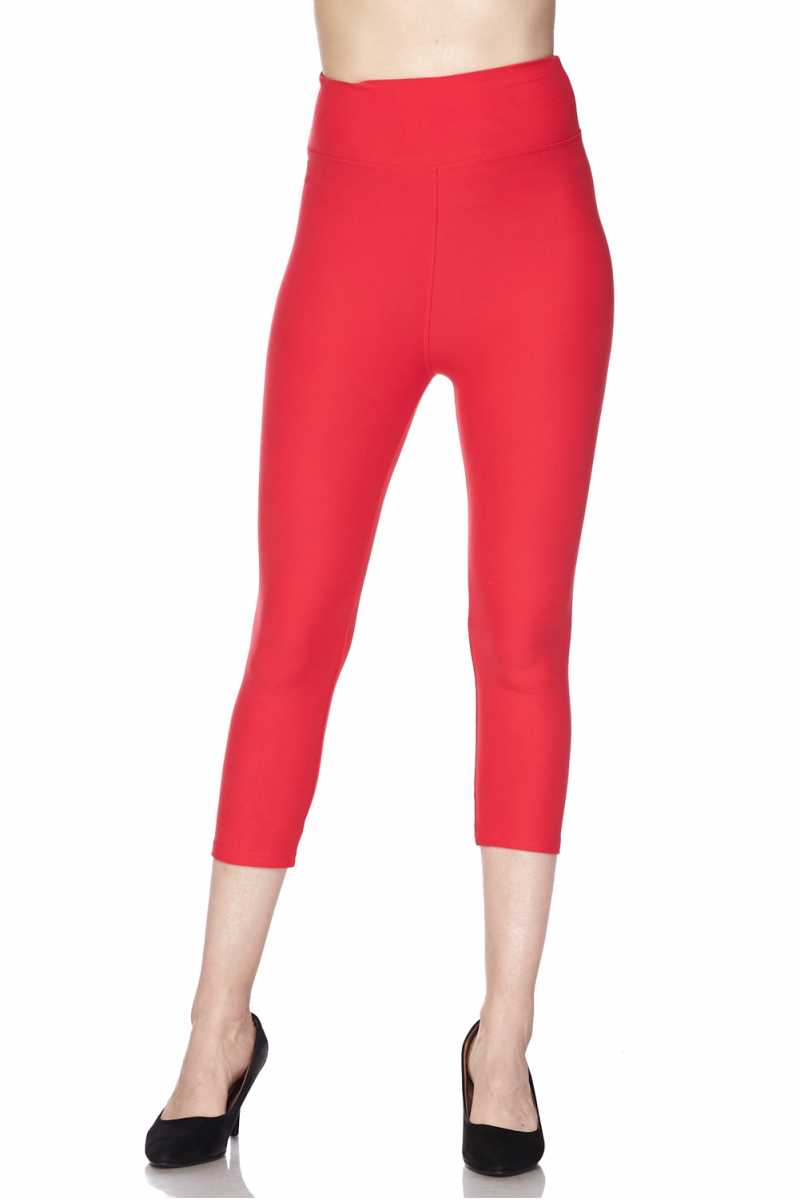 Solid Brushed Capri Leggings with 3 Inch Waistband - Red