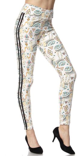 Highwaist Elephant Tribal Print Side Stripes Leggings - White