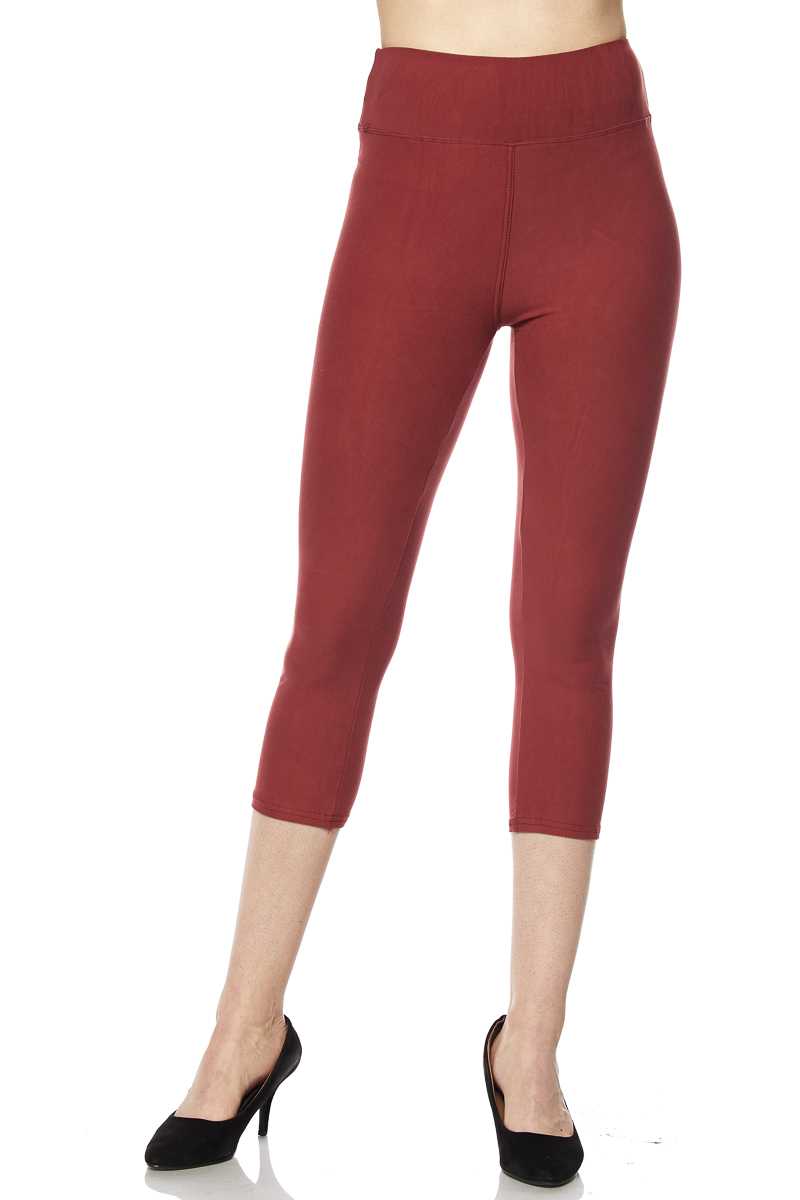 Solid Brushed Capri Leggings with 3 Inch Waistband - Marsala