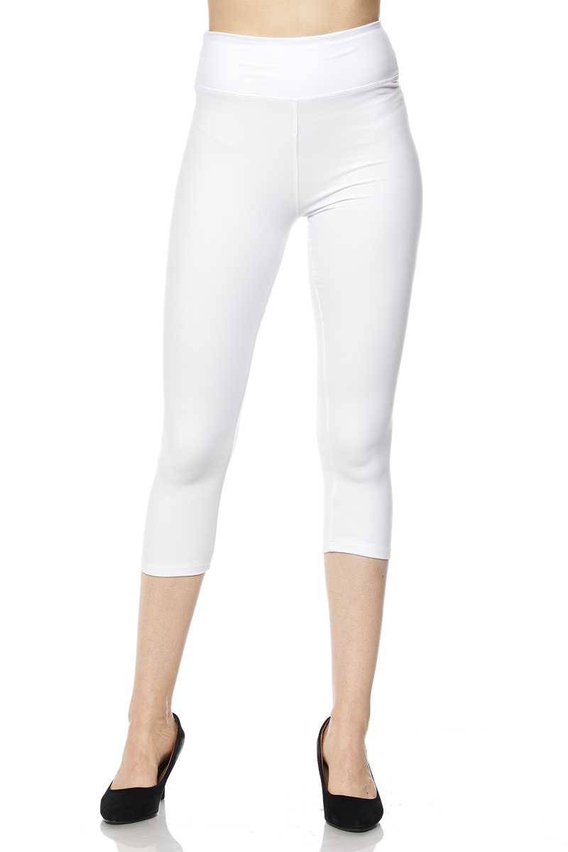 Solid Brushed Capri Leggings with 3 Inch Waistband - White