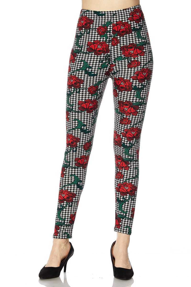 Wild Flower with Vine on Houndstooth Print Ankle Leggings