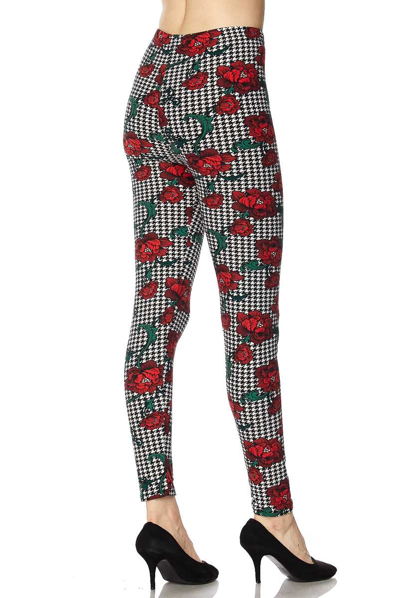 Wild Flower with Vine on Houndstooth Print Ankle Leggings