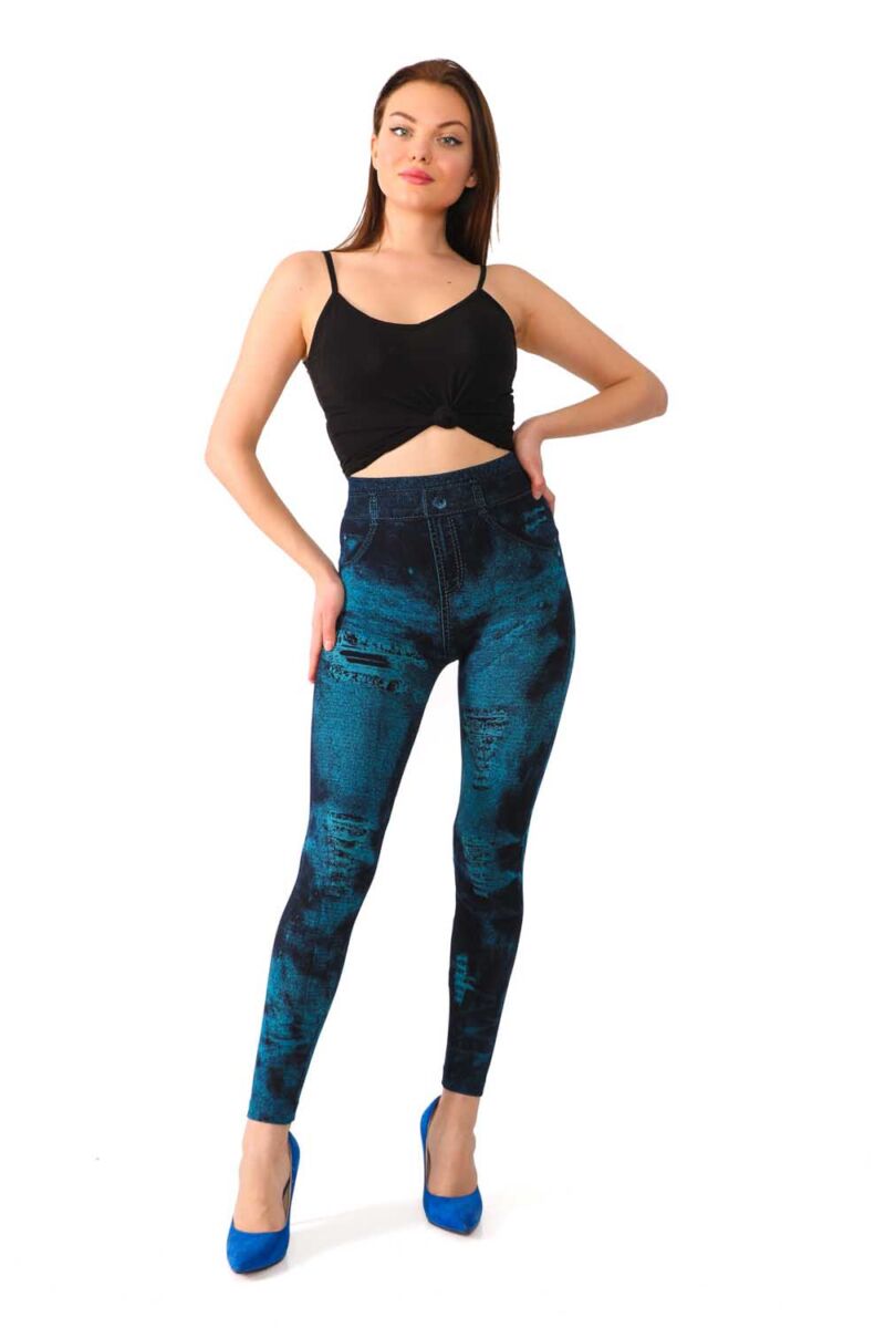 High Waist Acid-Washed & Ripped Look Blue Jeggings, 873A1114