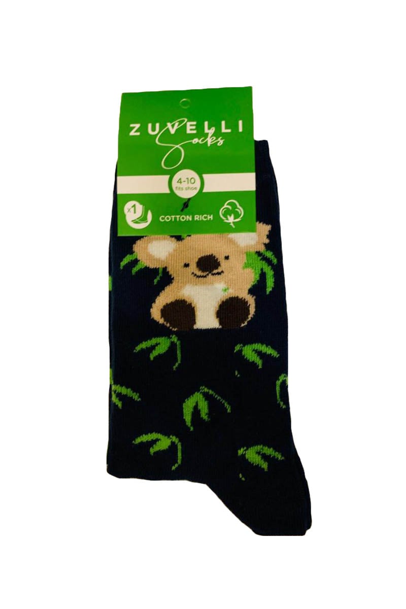 Women's Koala Printed Super Soft Black Cotton Socks