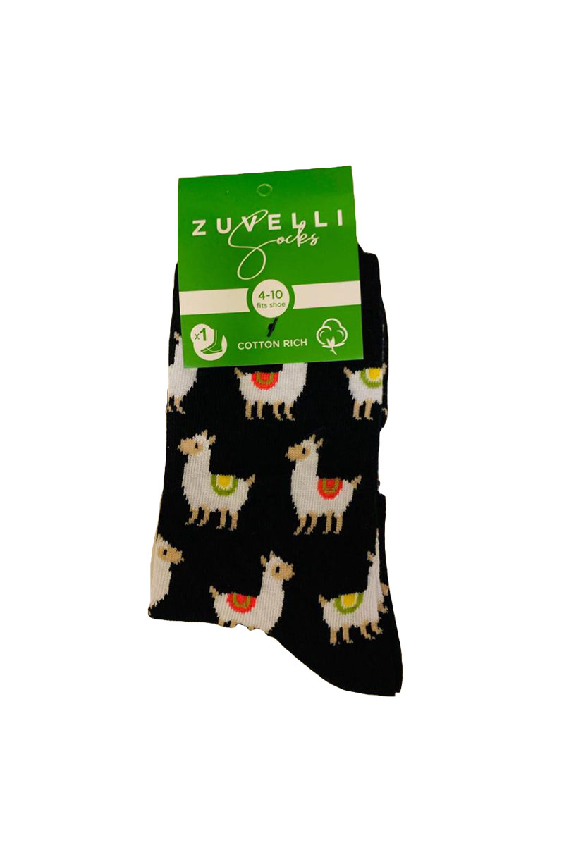 Women's Llama Printed Super Soft Black Cotton Socks