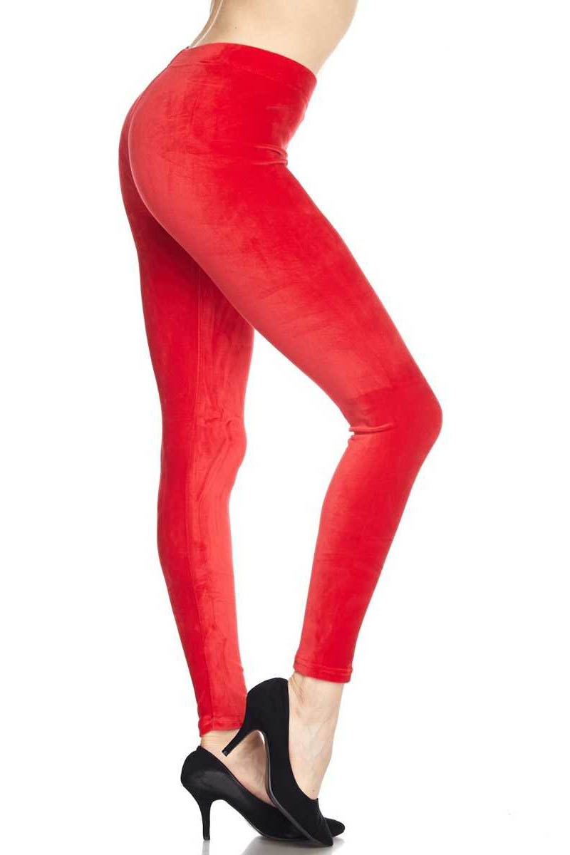 Solid Velour Brushed Ankle Leggings - Red