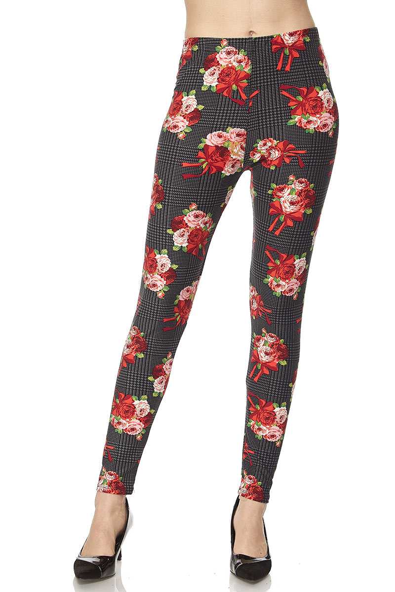 Floral on Plaid Print Yummy Brushed Ankle Leggings - Entire Sale