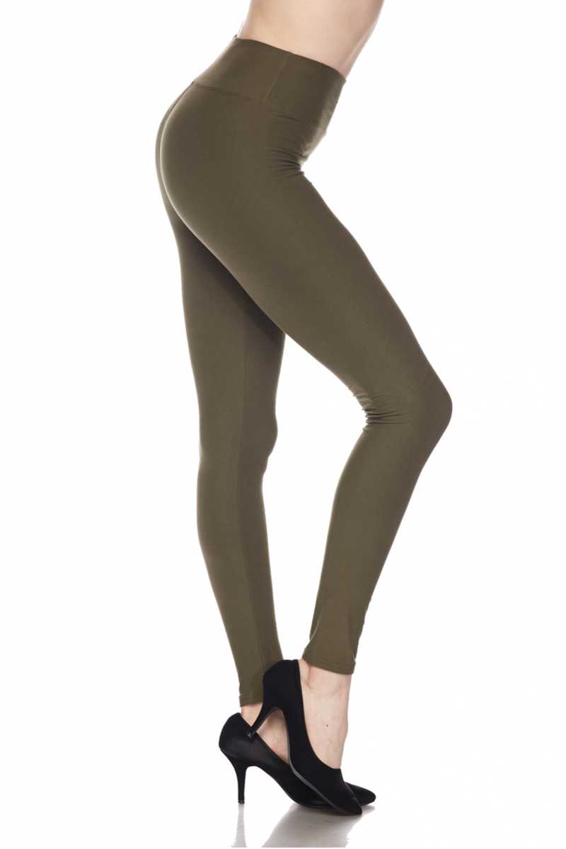 Solid Ankle Leggings with 3 Inches Waistband - Olive