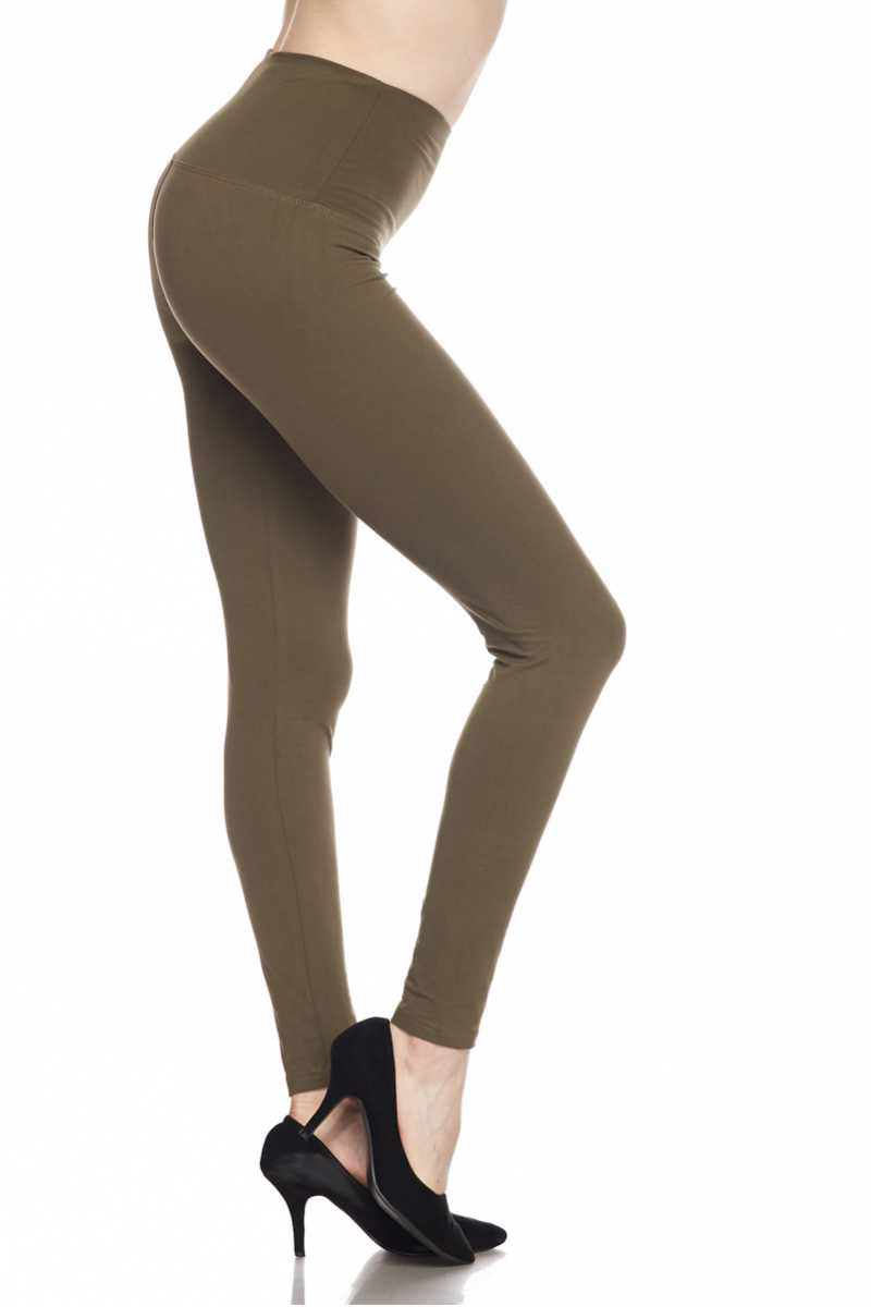 Solid Ankle Leggings with 5 Inches Waistband - Olive