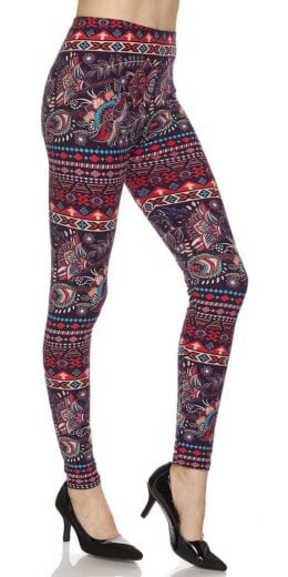 Colorful Paisley Feather Print Brushed Ankle Leggings