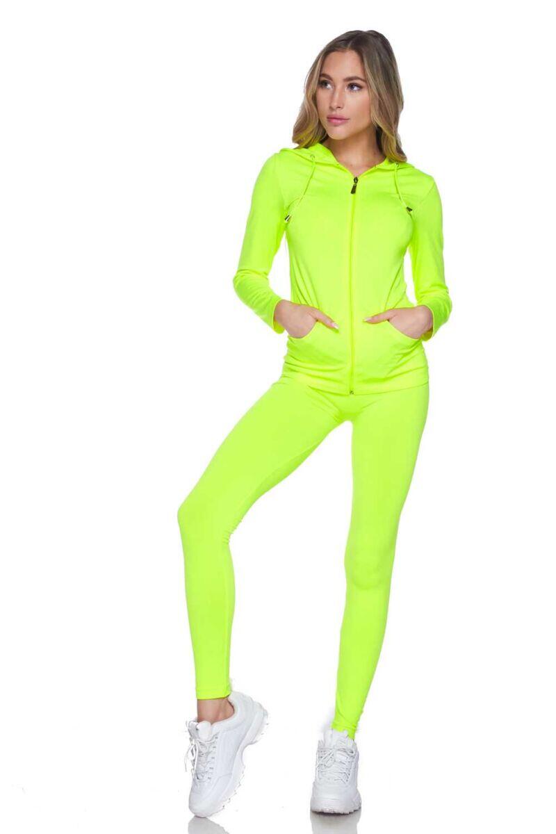 Active Wear Zip Up Hoodie And Legging Tights – Neon Yellow - Entire Sale