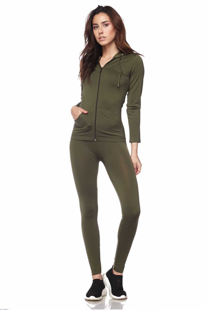 Active Wear Zip Up Hoodie And Legging Tights - Olive