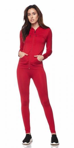 Active Wear Zip Up Hoodie And Legging Tights - Red