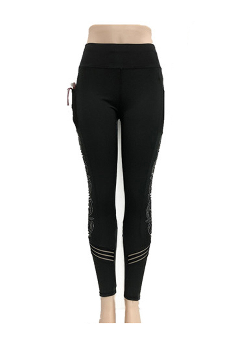 High Waist Black Leggings with Beaded Look Embellishments - Entire Sale