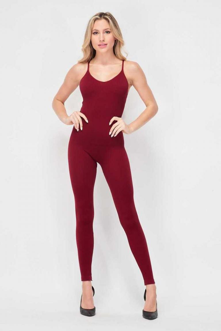 Solid Ribbed Spaghetti Strap Catsuit – Burgundy - Entire Sale