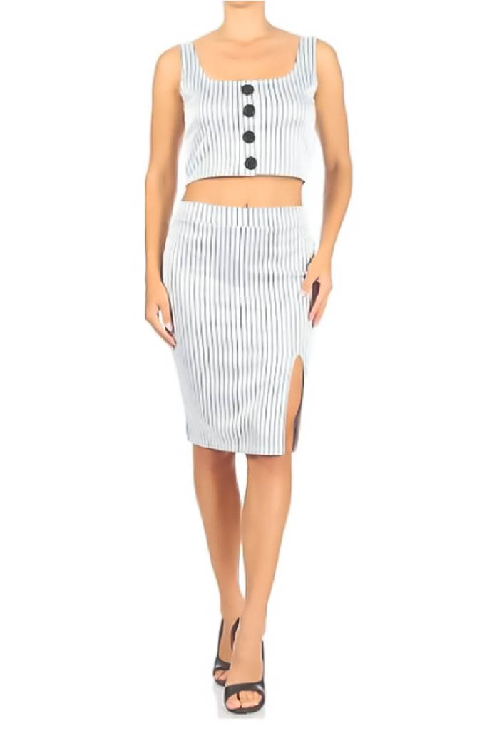 Buttoned Crop Top & Tight Skirt Set - D
