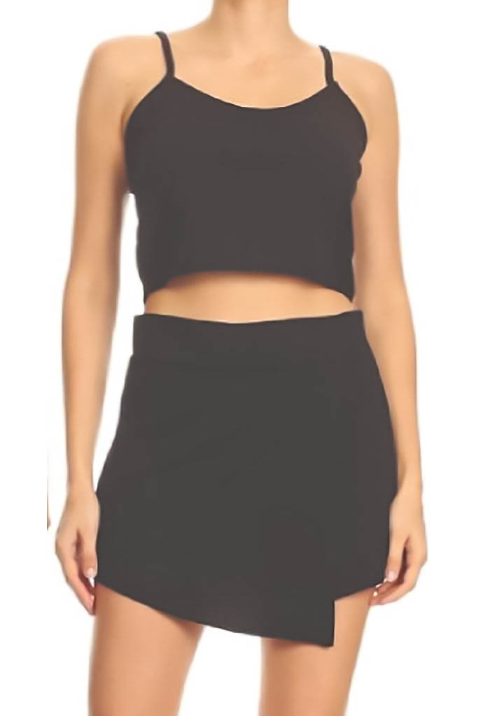 Crop Top Short Skirts Set (Solid Colors) - Black