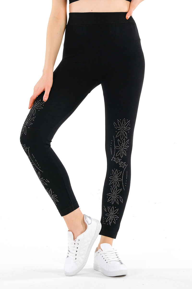 High Waist Black Jeggings with Floral Embellishments, SL01 - Entire Sale