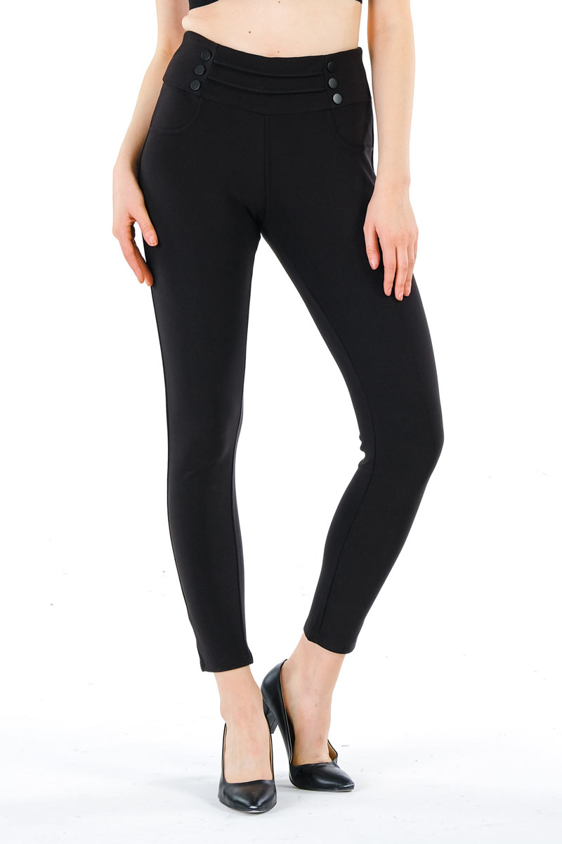 Ladies Treggings with Black Buttons - Black