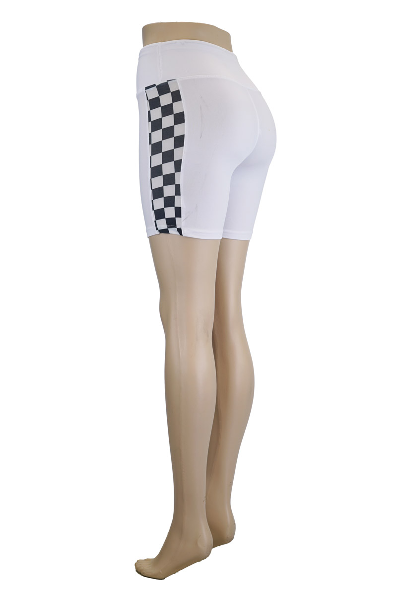 Mid Rise Checkered Side Biker Shorts - White