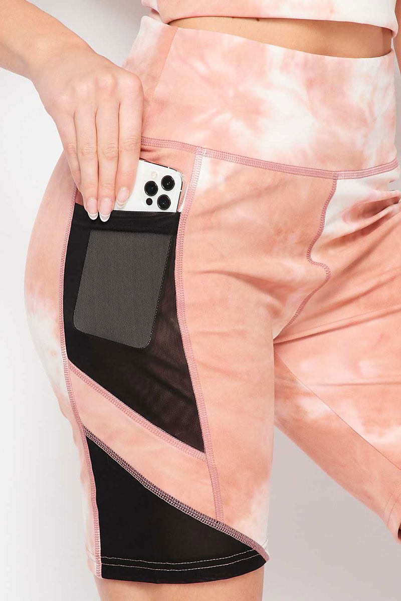 Tie Dye Crop Top Biker Shorts Set with Mesh Phone Pocket Detail