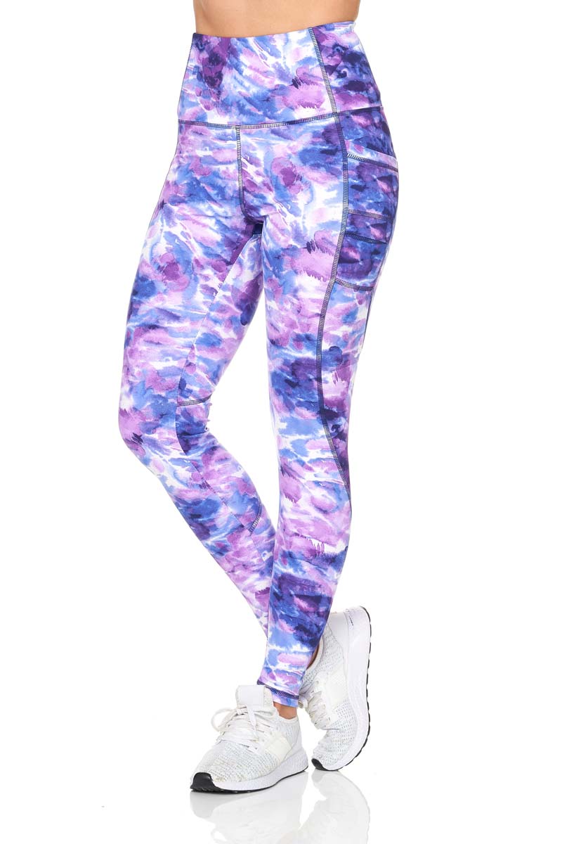Cloudy Sunset Print High Waist Full Length Active Leggings with Double Pocket - Purple