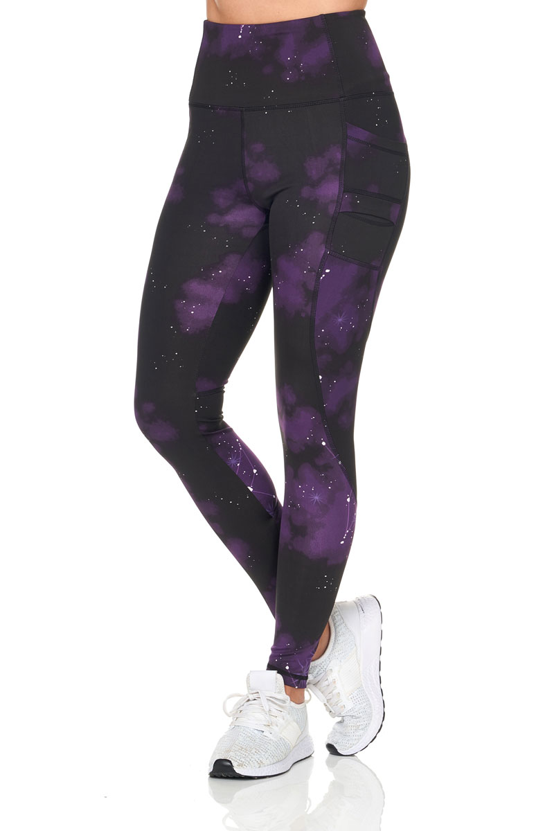 Constellation Print High Waist Full-length Active Leggings with Double Pocket - Purple