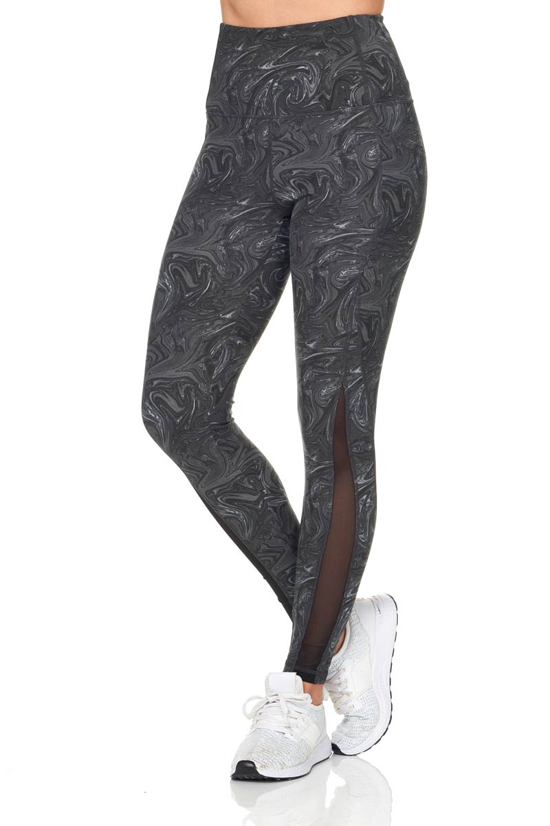 Ebru Swirl Print Full Length Active Leggings with Mesh and Pocket Detail - Black
