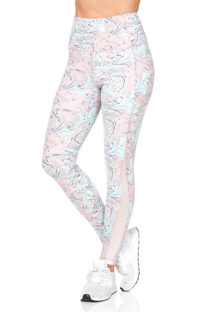 Ebru Swirl Print Full Length Active Leggings with Mesh and Pocket Detail - Pink