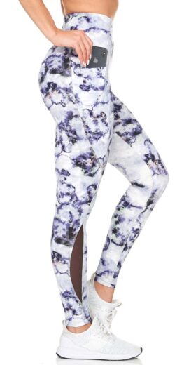 Full Length Electrified Tie Dye Active Leggings with Mesh and Pocket Detail - Blue