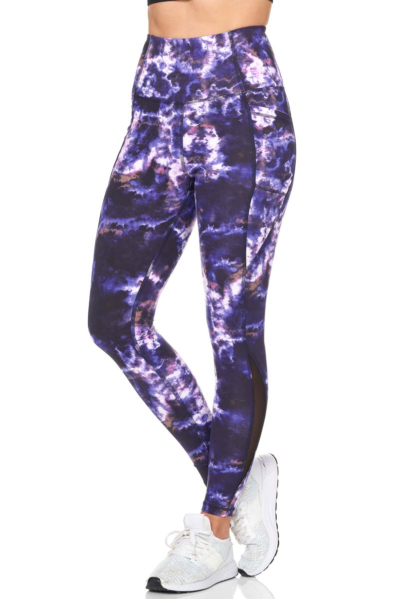 Electrified Tie Dye Full Length Active Leggings with Mesh and Pocket Detail - Purple