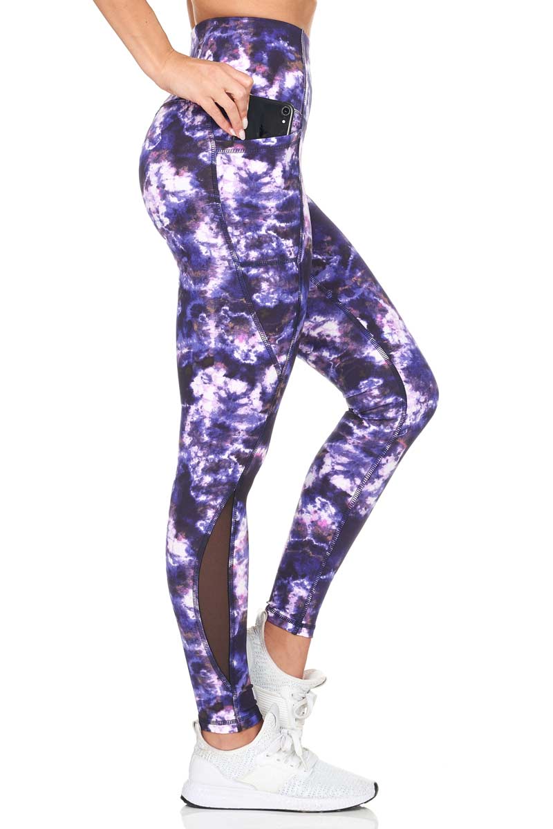 Electrified Tie Dye Full Length Active Leggings with Mesh and Pocket Detail - Purple