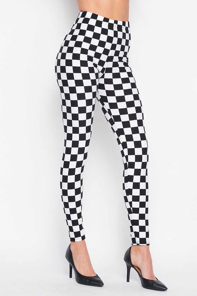 One Size Black & White Checkered Flag Print Full-Length Leggings