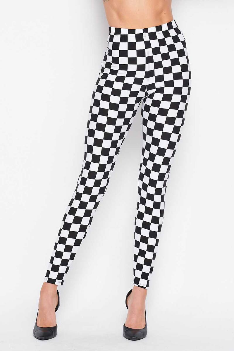 PLUS Size Black & White Checkered Flag Print Full-Length Leggings