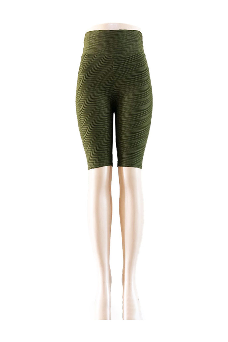Wavy Textured Scrunch Biker Shorts & Crop Top Set Combo - Olive Green