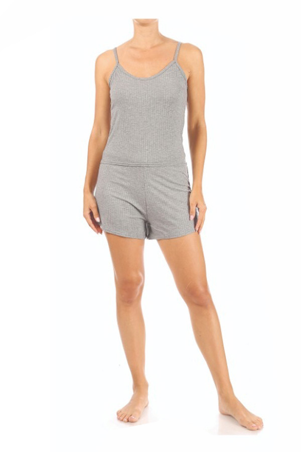 Textured Knit Top&Shorts Set - Light Grey