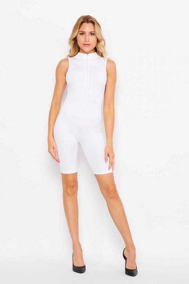 Solid Ribbed Mock Neck Zip Up Catsuit - White