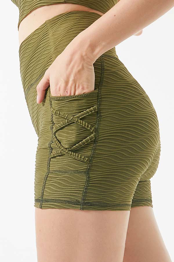 Wavy Textured Criss Cross Side Detail Yoga Sports Shorts - Olive Green