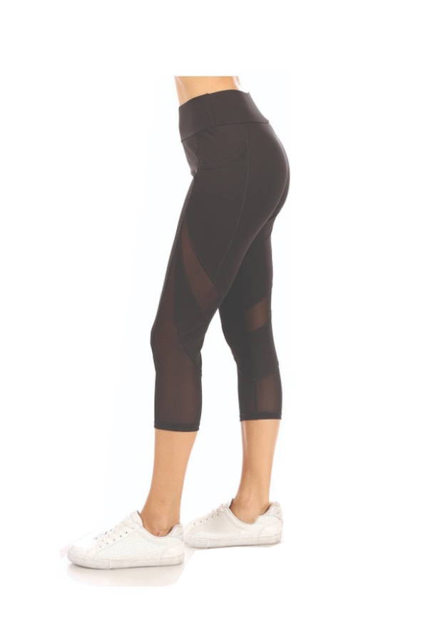 Mesh Contrast Capri Yoga Pants - Black