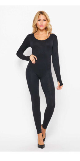 Solid Ribbed Round Neck Jumpsuit - Black