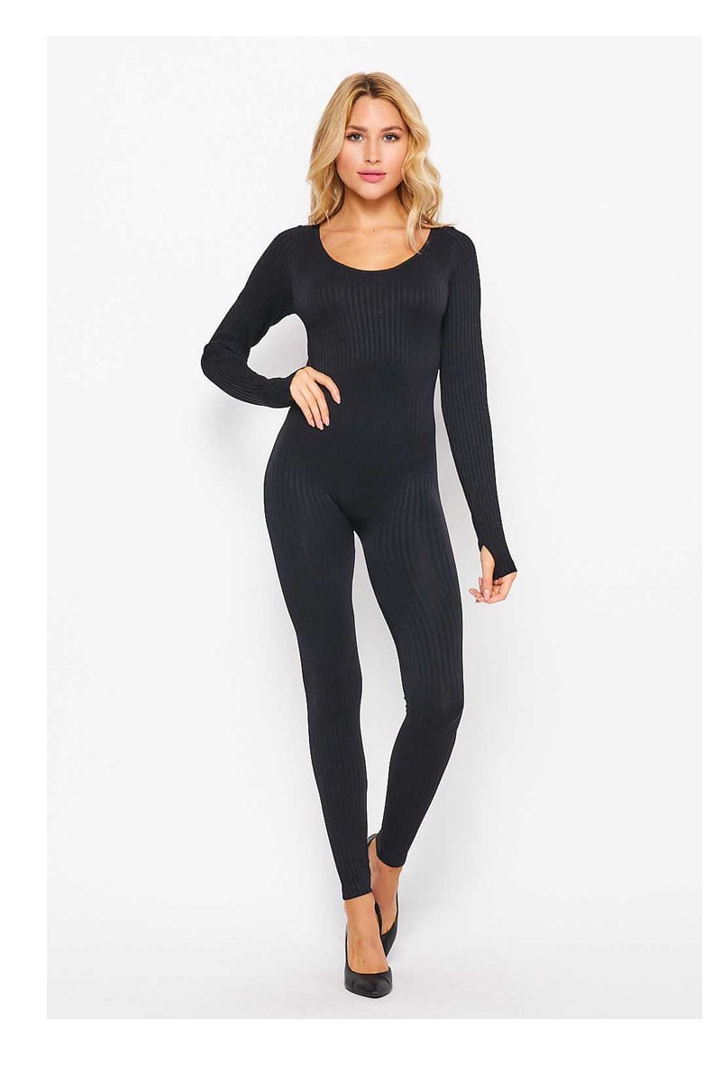 Solid Ribbed Round Neck Jumpsuit - Black