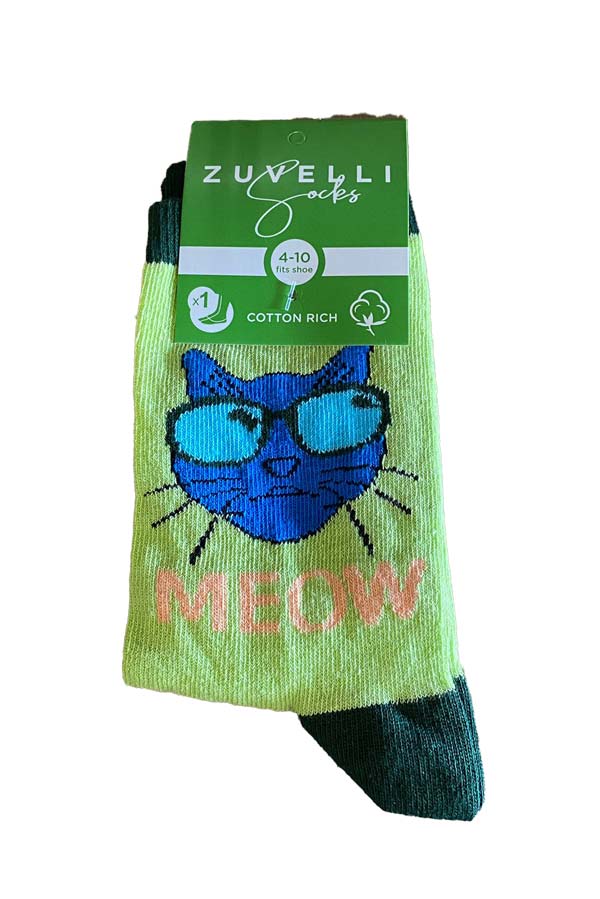 Women's Cat Printed Super Soft Green Cotton Socks
