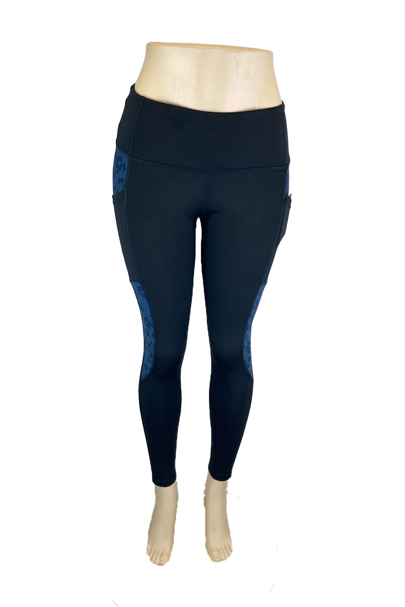 Full Length Spaced Leopard Print Insert Detail Active Leggings with Pockets – Blue